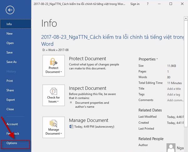 Mở Microsoft Word -> thẻ File -> Option