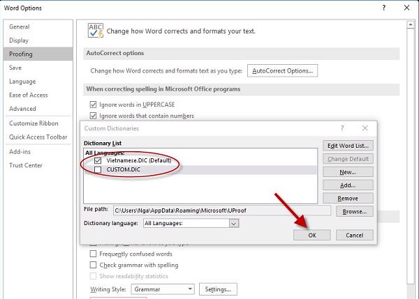 Nhấn chọn vào OK hoàn tất việc lựa chọn kiểm tra lỗi chính tả tiếng việt trong word 2010