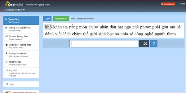 Kiểm tra tốc độ đánh máy với 10FastFingers