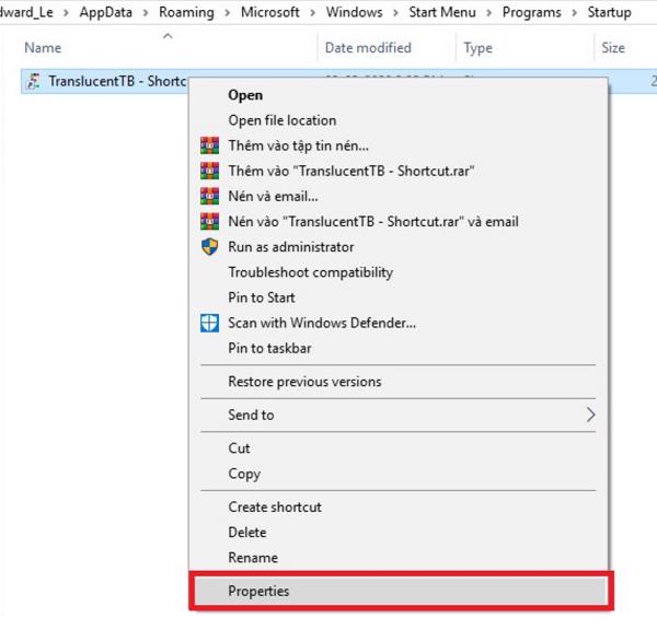 Chọn vào Properties
