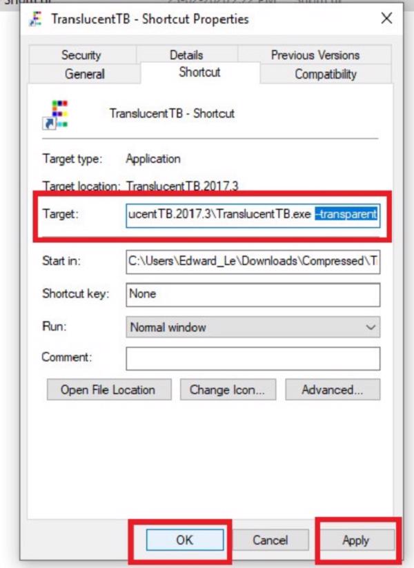 Tại thư mục Target các bạn hãy gõ thêm chữ — transparent