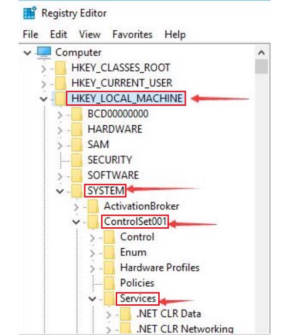Truy cập HKEY_LOCAL_MACHINE -> SYSTEM -> ControlSet001 -> Services
