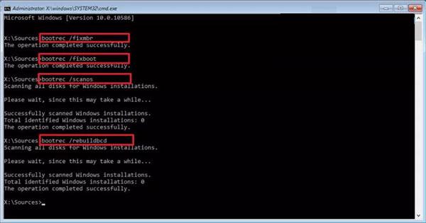 Gõ từng lệnh bootrec /fixboot, bootrec /scanos, bootrec /fixmbr và bootrec /rebuildbcd theo thứ tự