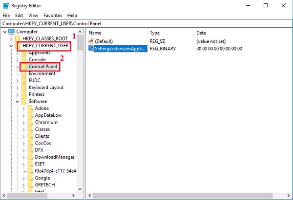 Tìm đến mục HKEY_CURRENT_USER rồi tiếp đến nhấn chọn vào Control Panel