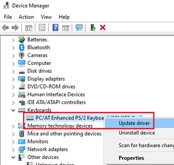 chọn vào Update driver để có thể cập nhật lại phiên bản driver mới nhất cho bàn phím