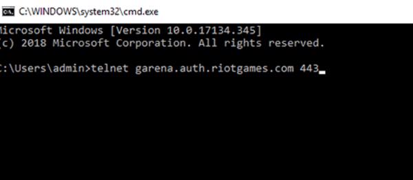 Tại đây các bạn gõ lệnh: telnet garena.auth.riotgames.com 443 rồi nhấn vào Enter như hình