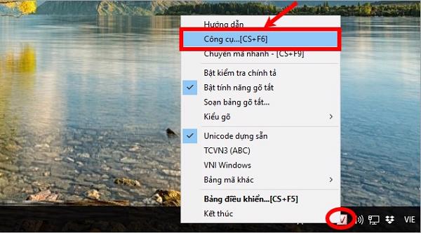 Nhấn chuột phải vào icon Unikey ở ngay dưới khay hệ thống và chọn vào Công cụ... (CS+F6)