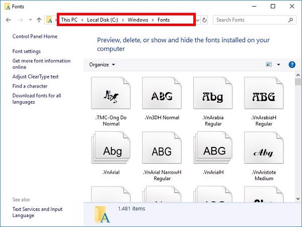 Giải nén và sao chép tất cả những font chữ vào chỗ thư mục Fonts