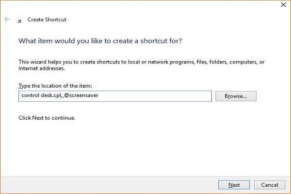 Nhập vào lệnh control desk.cpl,,@screensaver trong ô Type the location of the item