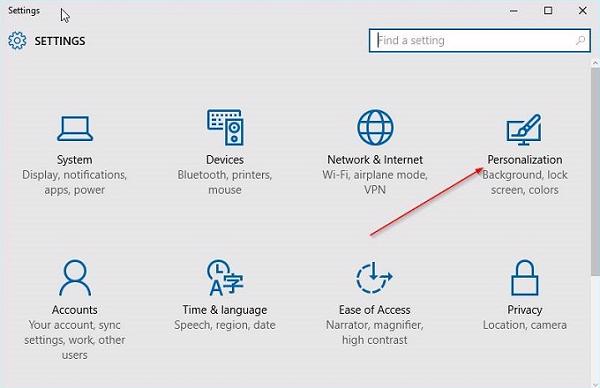 Trên cửa sổ Settings các bạn kích chọn vào Personalization
