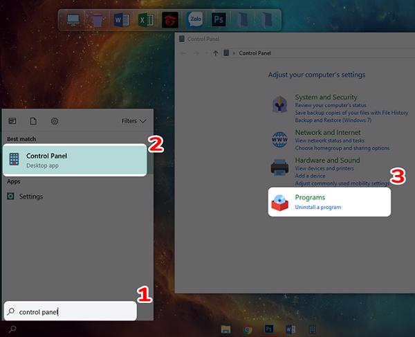 nhập từ khóa Control Panel -> sau đó mở Control Panel -> Uninstall a program.