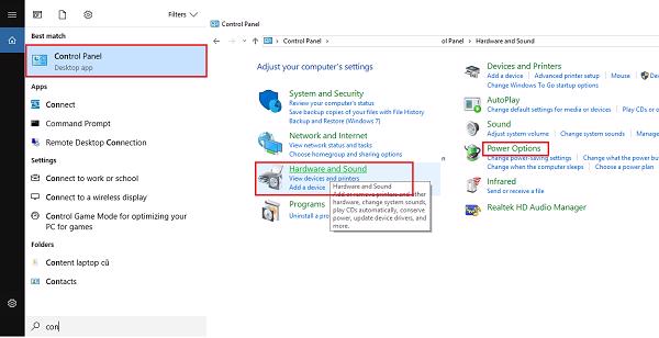 Thực hiện theo đường dẫn Control panel -> hardware and sound -> power option