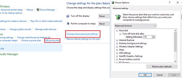 Control panel -> hardware and sound -> power option -> edit plan setting -> change advanced power setttings -> điều chỉnh cho hợp lý