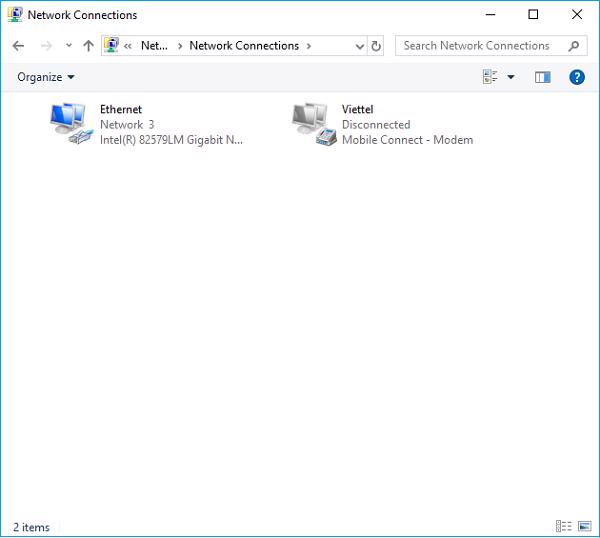 Tìm kiếm Control Panel trên thanh menu Start -> Network and Internet -> Network Connections