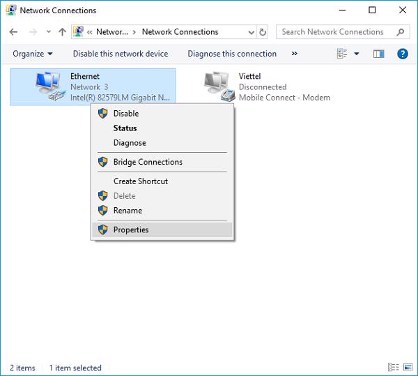 Nhấn chuột phải vào mục Ethernet và chọn vào Properties