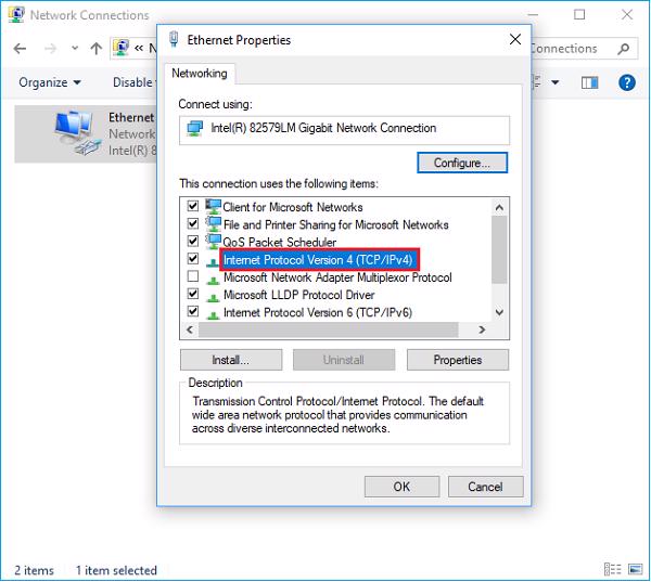 Tại mục Ethernet Properties -> Networking -> Internet Protocol Version (TCP/IPv4) -> Properties