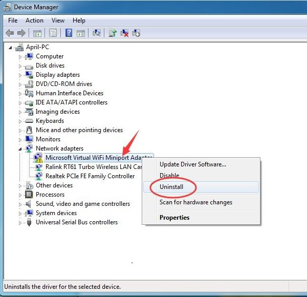 Microsoft virtual wifi miniport adapter (Network adapters) -> Uninstall