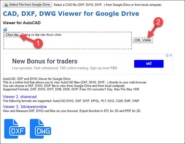 hãy nhấn chọn tệp để lựa chọn file DWG, sau đó chọn vào OK, View