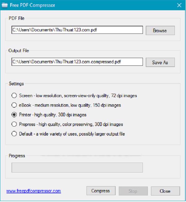Tại ô PDF File các bạn nhấn chọn vào Browse để tải file PDF cần nén
