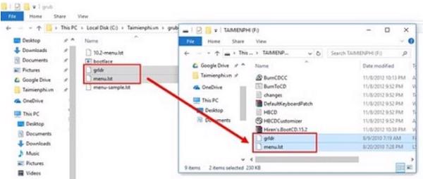 Copy hai file grldr và menu.lst