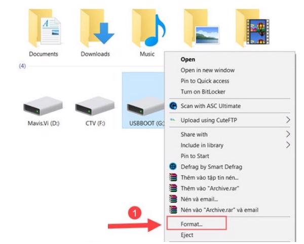 Chuột phải vào USB chọn Fomat