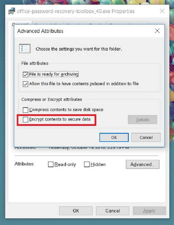 Kiểm tra xem ô Encrypt contents to secure data đã có dấu tích không