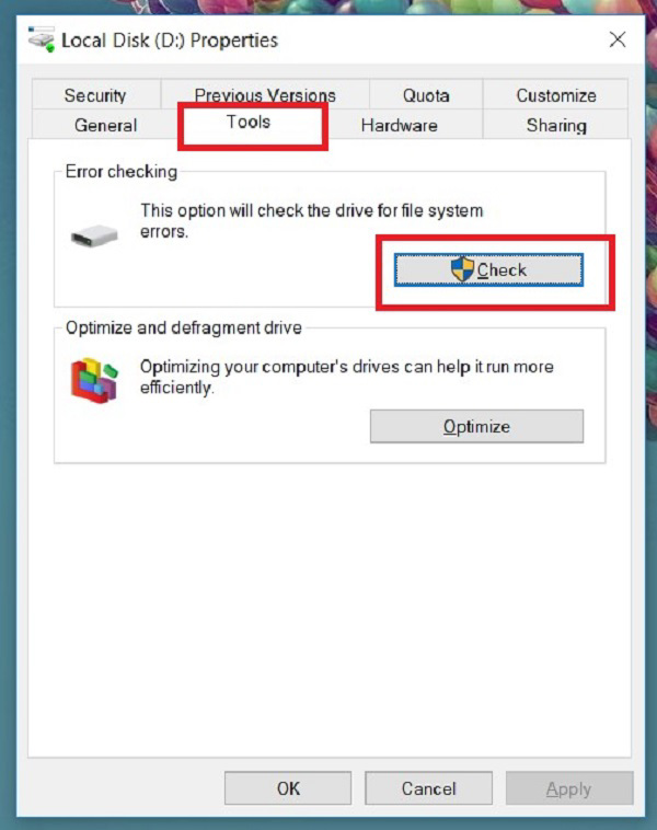 Tab Tools, tại mục Error checking -> nút Check.