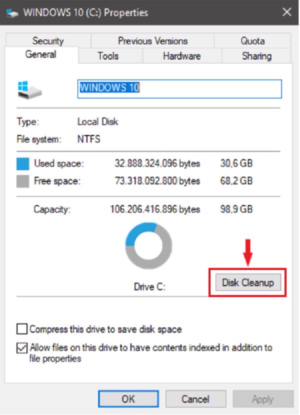 Chọn tiếp vào mục Disk Cleanup để có thể mở công cụ dọn dẹp