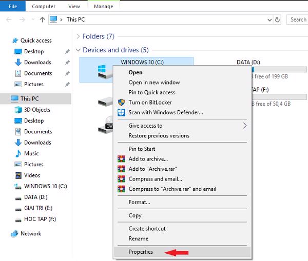 Nhấp chuột phải và chọn vào Properties