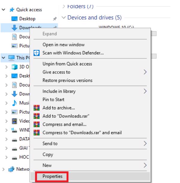 Nhấn chuột phải vào Properties