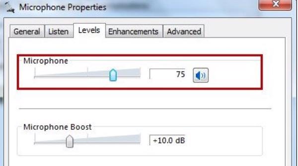 Chọn vào Microphone -> Properties -> Levels