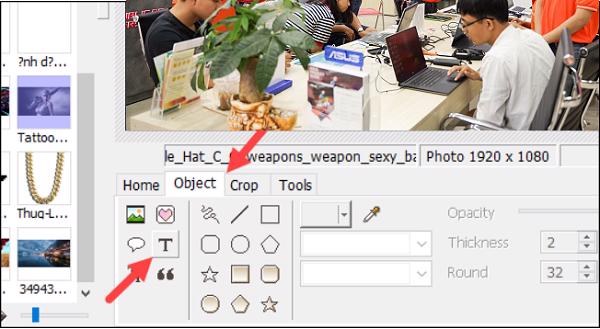 Để chèn chữ các bạn chọn vào mục Object ở phía dưới