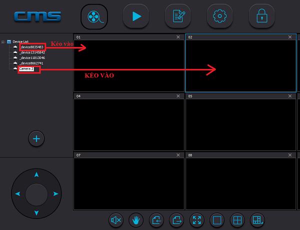 Các bạn có thể tiến hành kéo những camera từ device list vào từng cửa sổ