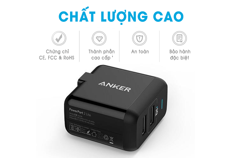 Sạc Anker 2 Cổng, 12w – [PowerPort 2 Lite, 12w] – 2 Màu (Đen, Trắng)