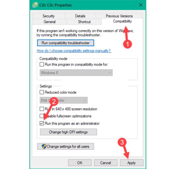 tab Compatibilty -> Run this program as an administrator.-> Apply