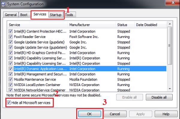 Nhấn chọn vào Hide all Microsoft services