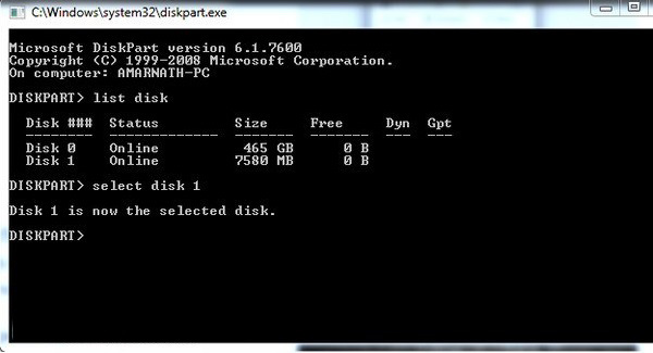 Cần khắc phục lỗi ở ổ đĩa 1 thì nhập dòng lệnh select disk 1