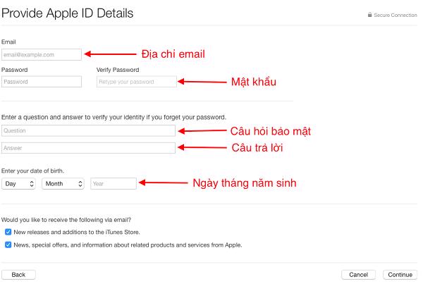 Các thông tin về Email, password, thông tin cá nhân, câu hỏi bí mật