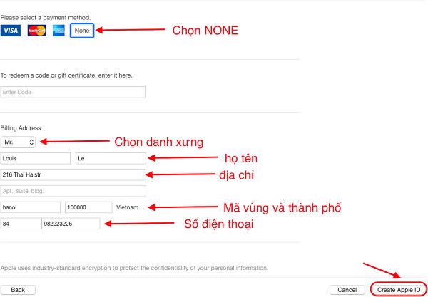 Chọn vào None nếu các bạn không có thẻ tín dụng Visa nào