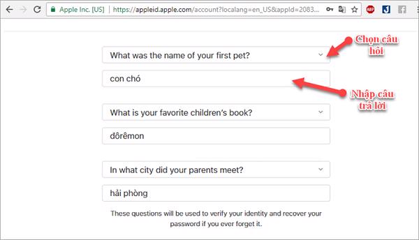 Tạo 3 câu hỏi bảo mật cho mình