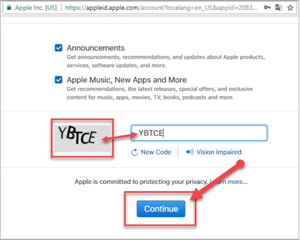 Nhập mã Capcha được hiện ra ở ô bên cạnh và nhấn vào Continue