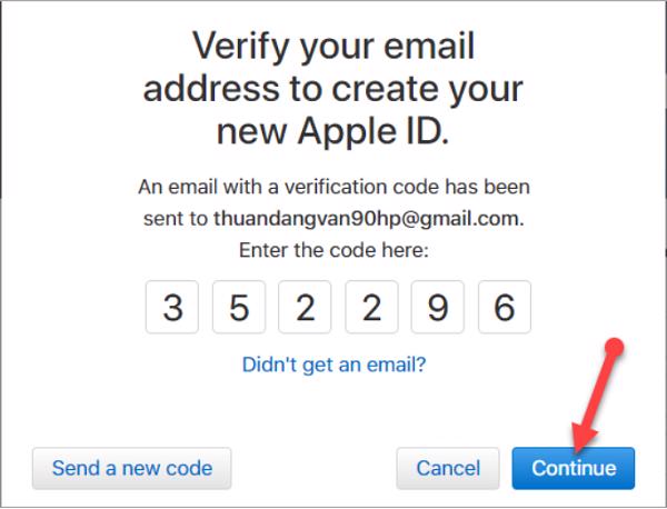 Nhập mã xác nhận -> nhấn Continue