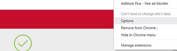 Chọn vào Options để bắt đầu cài đặt cho Adblock Plus