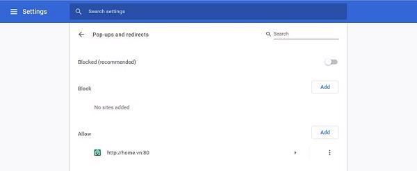 Trở về trang web Settings page tìm và chọn vào Pop-ups and redirects