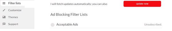 Nhấn vào Filter Lists ở ngay hộp Acceptable Ads và bỏ dấu tick ngay
