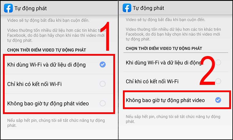 Chọn vào Không bao giờ tự động phát video để tắt tính năng này đi