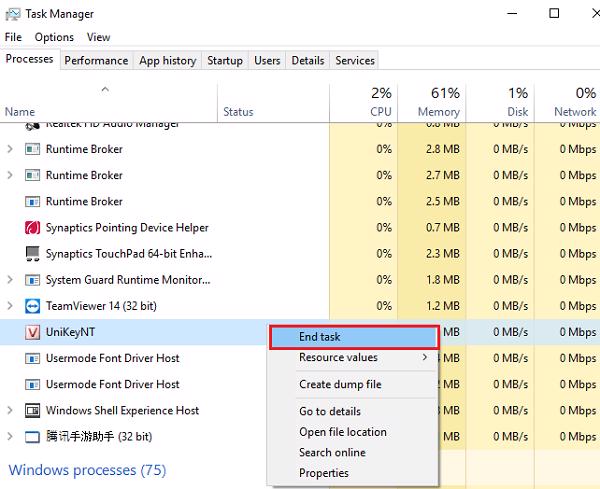 Nhấn vào nút End Process
