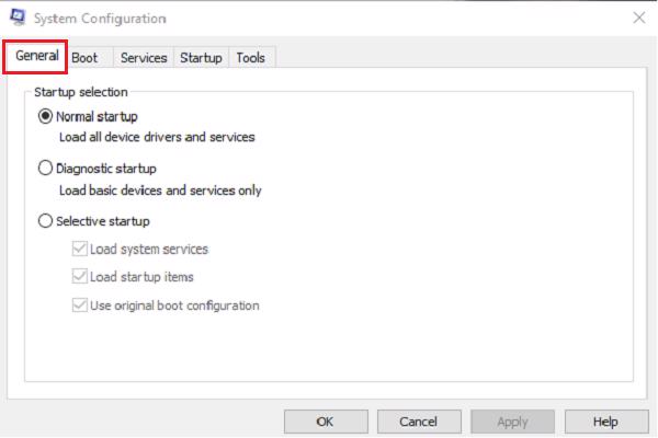 Chọn vào Selective startup trong tab General