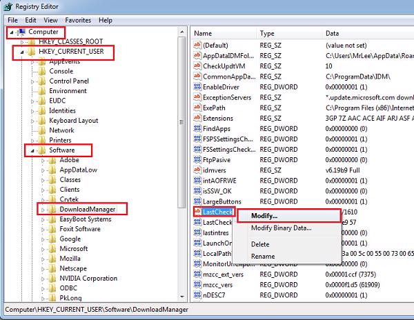 Chọn vào mục HKEY_CURRENT_USER -> Software -> Download Manager