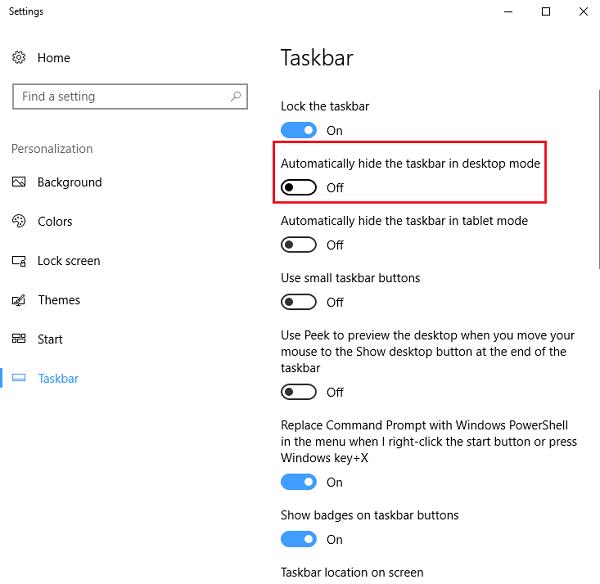 Chọn vào mục Automatically hide the taskbar in desktop mode